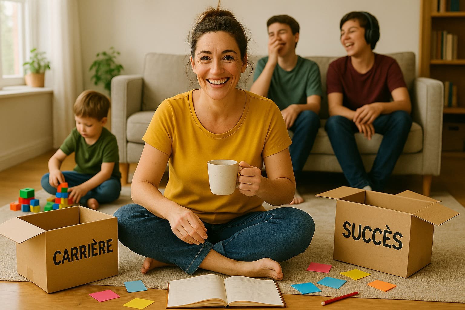 Elodie assise au sol dans un salon entourée de ses trois garçons.